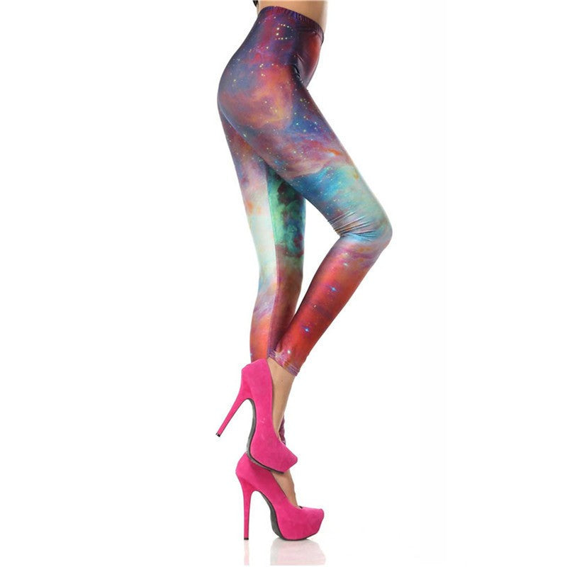 Women 3d Digital High Waist Elastic Slim Colorful Galaxy Printed Leggings Pants