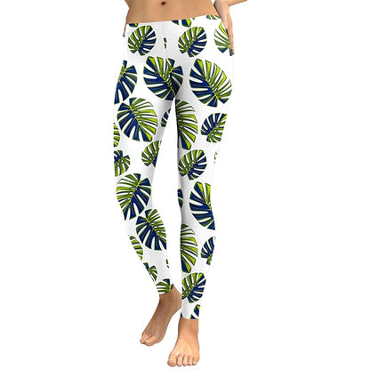 Women Tree Leaf Fresh Tropical Digital Print High Waist Workout Leggings Pants