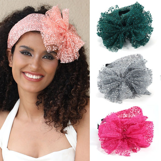 Women Fashionable oversized solid color lace bow headband Hairpiece