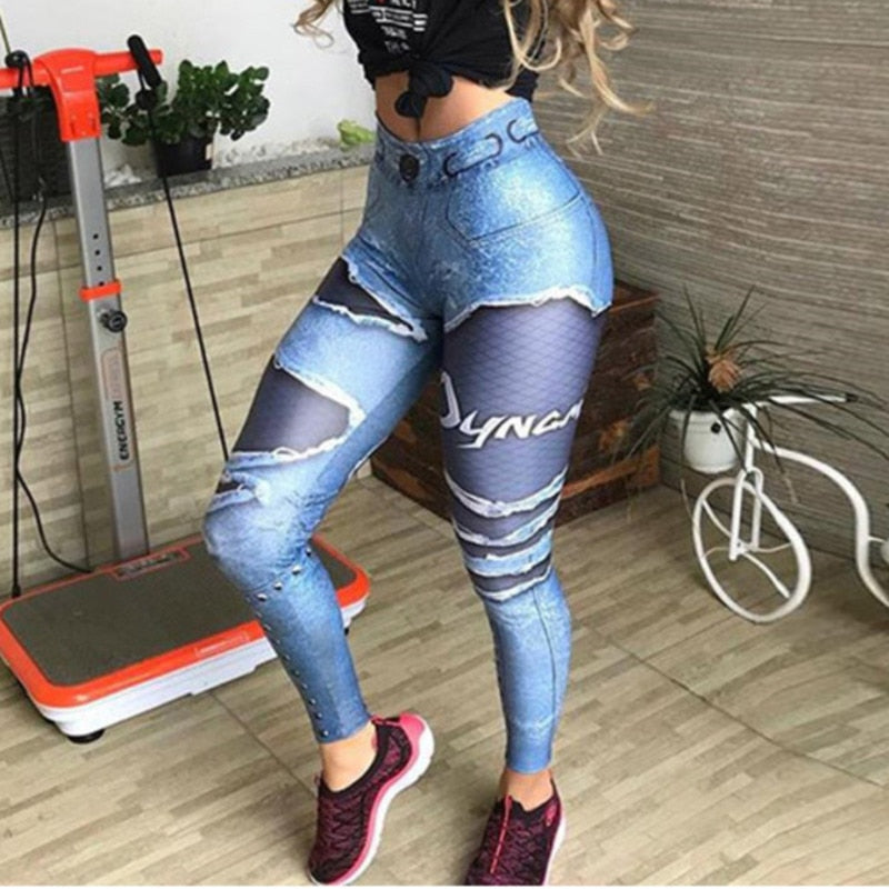 Women 3D Printed False Denim Blue Mesh Elastic Workout Legging Pants