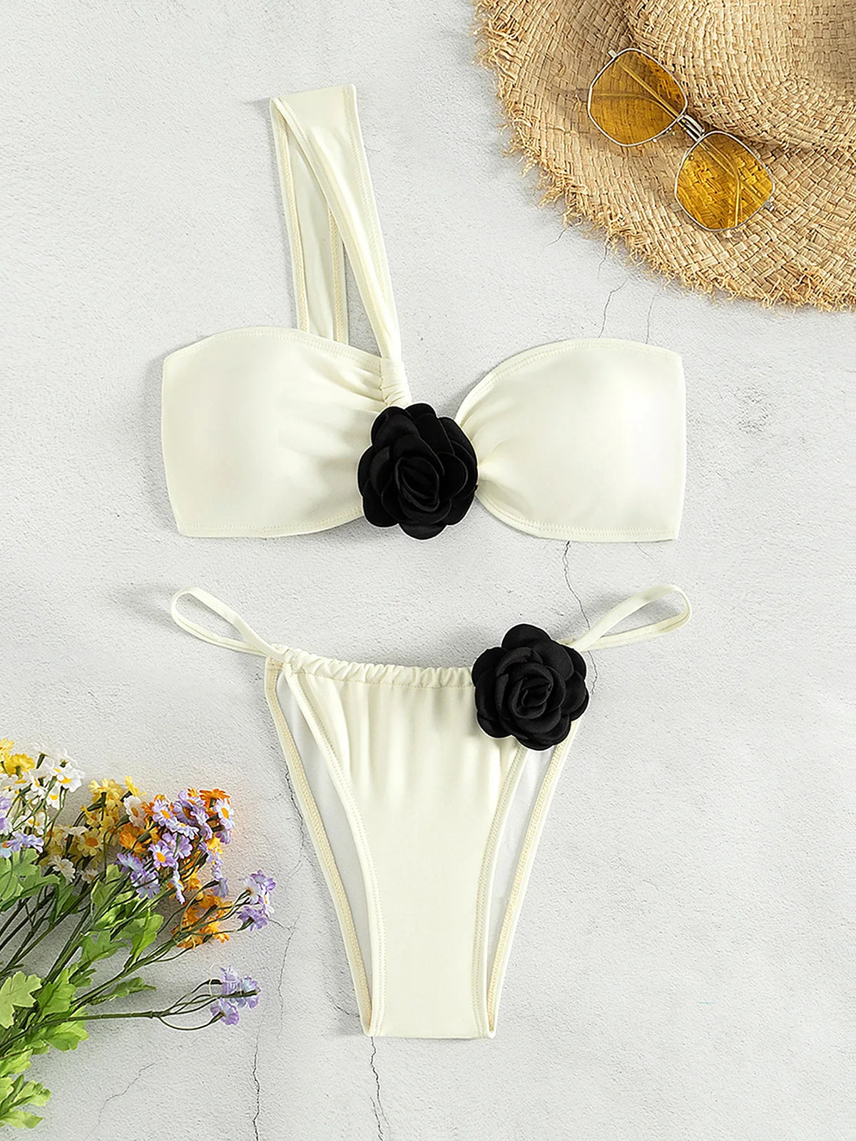 3D Flowers 2pcs One Shoulder Women Swimwear Swimsuit Bathing Suit