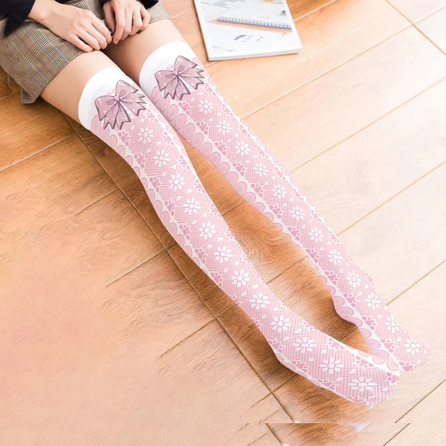 3D Printing Women Long Strawberry Bow Sweet Kawaii Thigh Stockings Harajuku Compression Socks