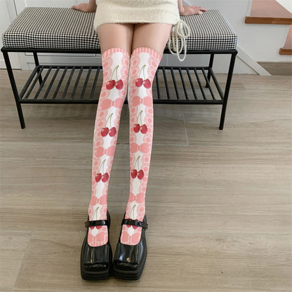 3D Printing Women Long Strawberry Bow Sweet Kawaii Thigh Stockings Harajuku Compression Socks