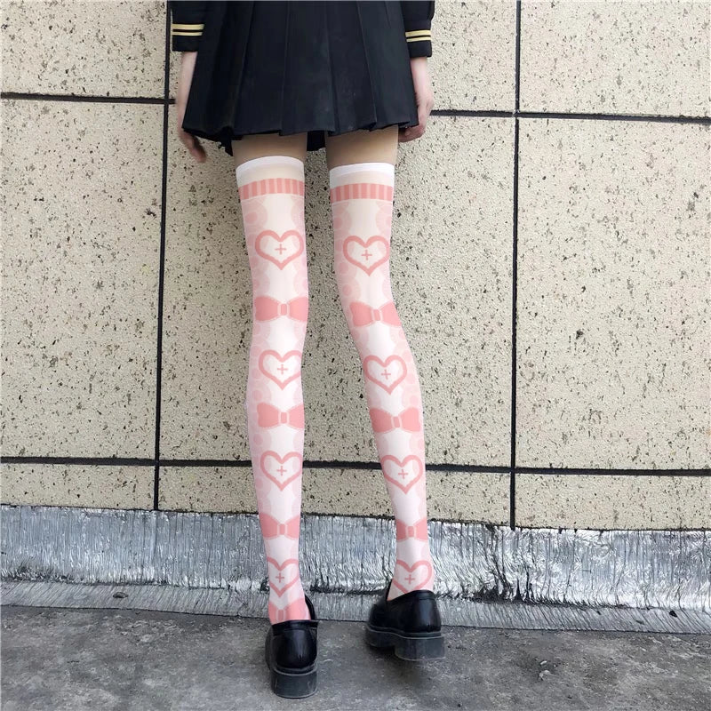 3D Printing Women Long Strawberry Bow Sweet Kawaii Thigh Stockings Harajuku Compression Socks