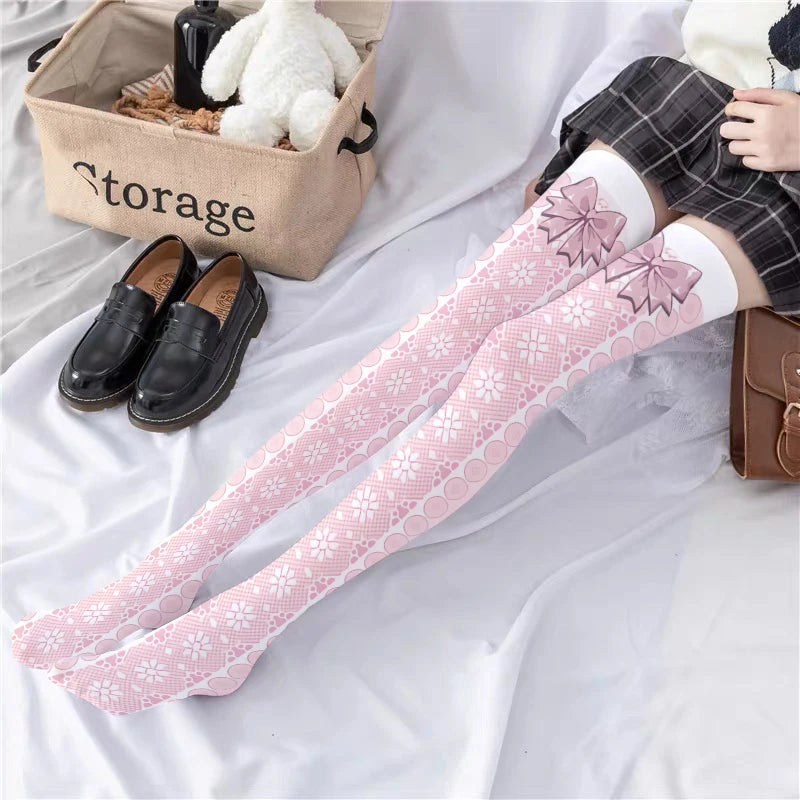 3D Printing Women Long Strawberry Bow Sweet Kawaii Thigh Stockings Harajuku Compression Socks