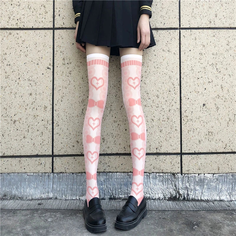 3D Printing Women Long Strawberry Bow Sweet Kawaii Thigh Stockings Harajuku Compression Socks