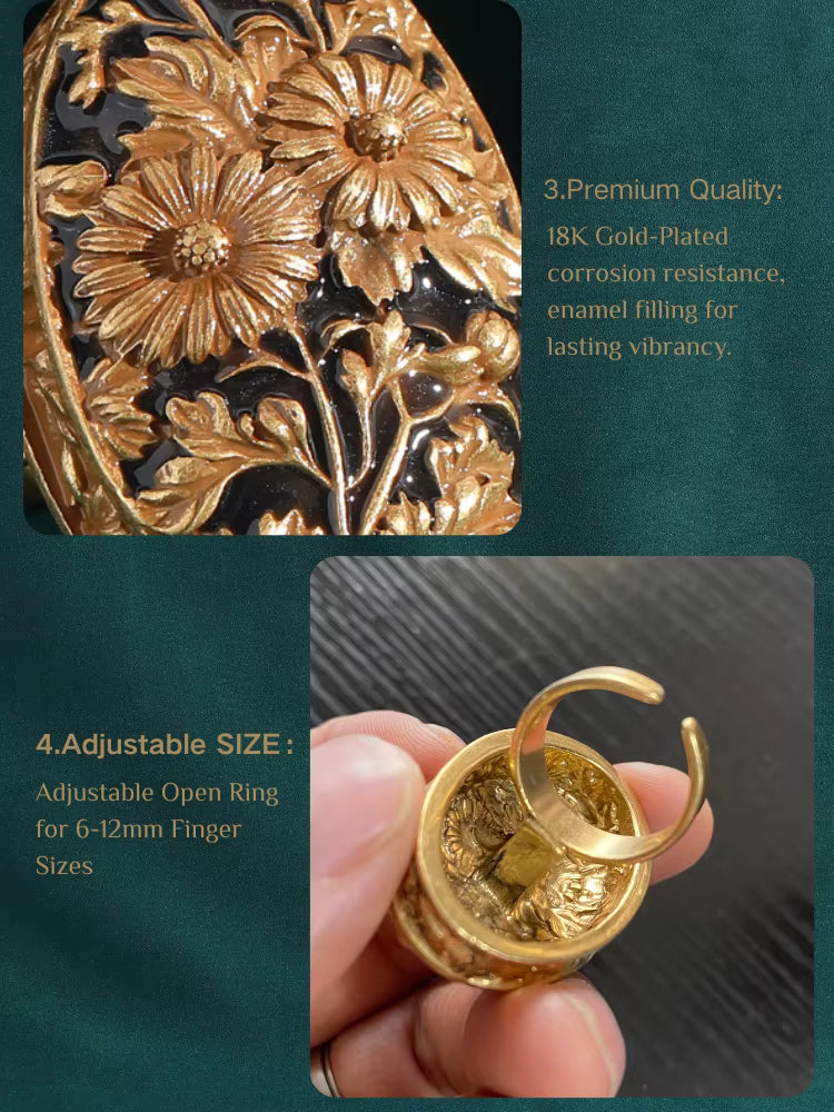 18K Gold-Plated Women Hand-Carved Floral Enamel Vintage Art Deco Ring