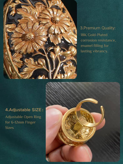 18K Gold-Plated Women Hand-Carved Floral Enamel Vintage Art Deco Ring