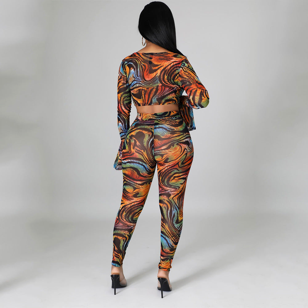 Two Pieces Sexy Fashion Net Gauze Print Slim Sleeve Night Party Tops Pant Trouser