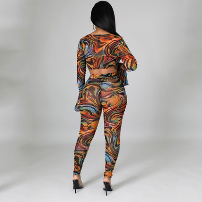 Two Pieces Sexy Fashion Net Gauze Print Slim Sleeve Night Party Tops Pant Trouser
