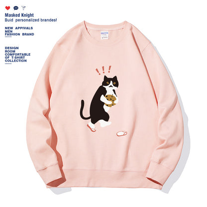 Women Fashionable Solid Color Cat Printed Long Sleeved Sweatshirt Pullover
