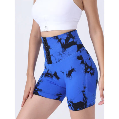 Women Tie Dye Button Sports Shorts High Waist Butt Lift Yoga Fitness Running Fitness Pants