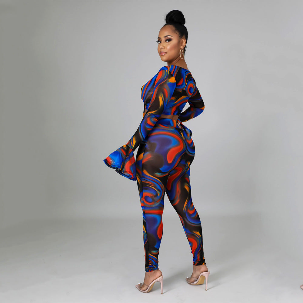 Two Pieces Sexy Fashion Net Gauze Print Slim Sleeve Night Party Tops Pant Trouser