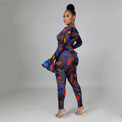 Two Pieces Sexy Fashion Net Gauze Print Slim Sleeve Night Party Tops Pant Trouser
