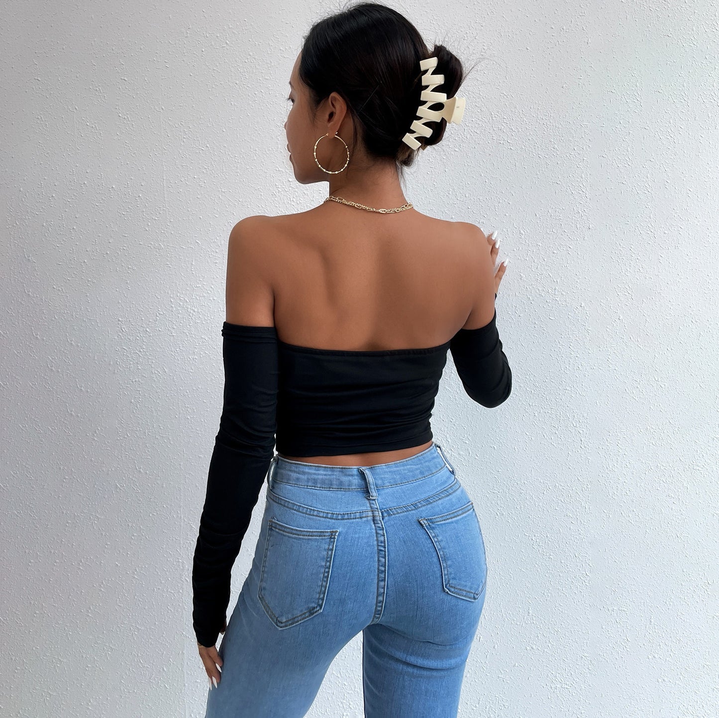 Vintage A Strapless Hair Neck Long-sleeved Tops Backless Shoulder Blouse