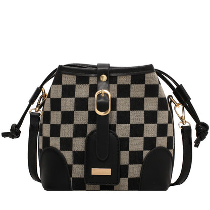 Women Checkered Drawstring Fashion Bucket Shoulder Messenger Handbag Bag