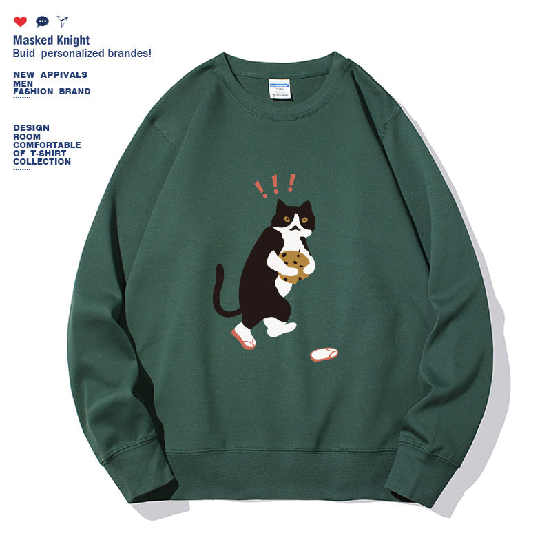 Women Fashionable Solid Color Cat Printed Long Sleeved Sweatshirt Pullover