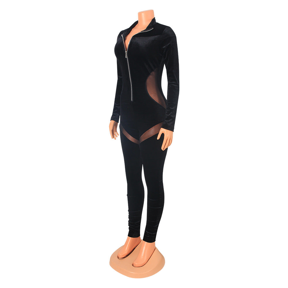 Sexy Skinny Gold Velvet Stitching Long-Sleeved Nightclub Party Jumpsuit
