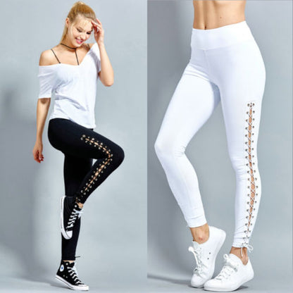 Women High Waist Fitness Lace Up Black White Solid Leggings Pant Trousers