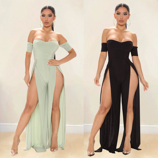Women's Fashion Mesh Print Sheer Nightclub Party Dress Pant Set