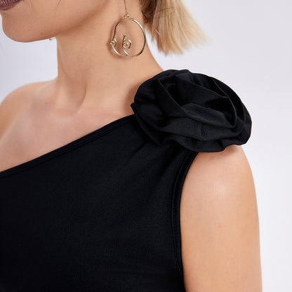Women Three-dimensional Rose Flower One-shoulder Pleated Vest Tops