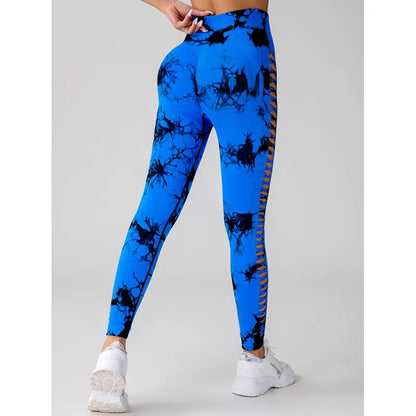 Women Cut Outside Hollow Tie-Dyed High Waist Hip Butt Tights Scrunch Fitness Seamless Sports Gym Yoga Pants