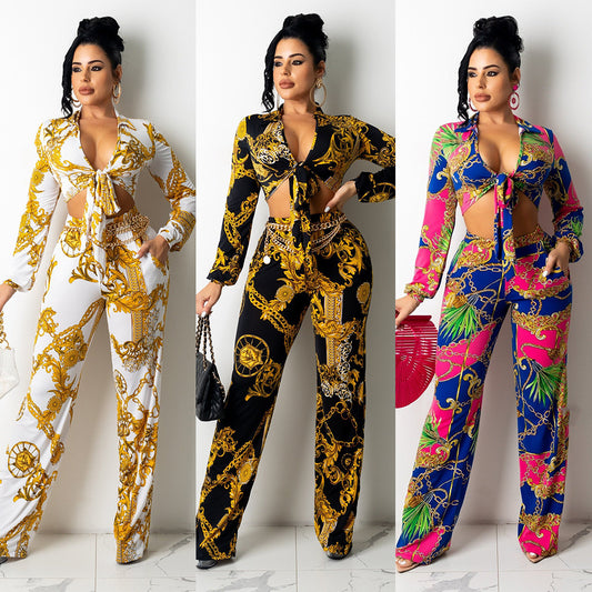 Sexy Milk Silk Printing Two-Piece Nightclub Tops + Pant Trouser Suit
