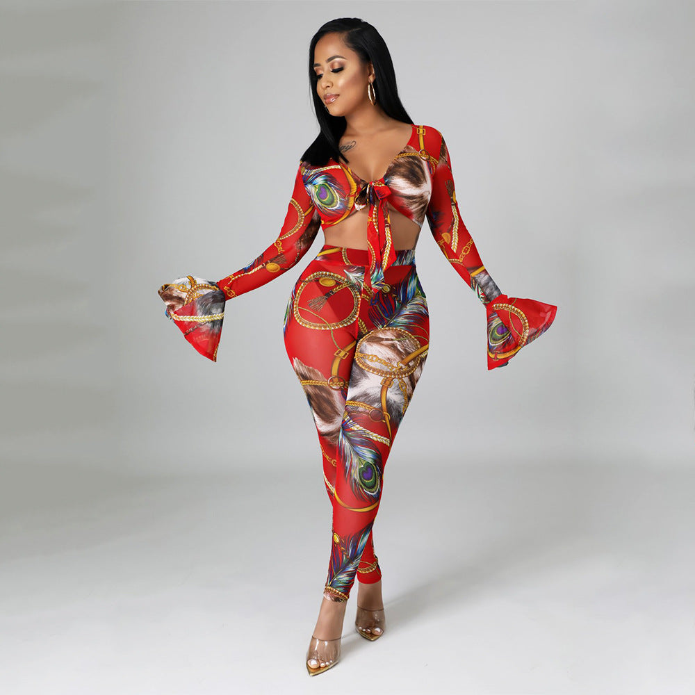 Two Pieces Sexy Fashion Net Gauze Print Slim Sleeve Night Party Tops Pant Trouser