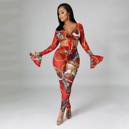 Two Pieces Sexy Fashion Net Gauze Print Slim Sleeve Night Party Tops Pant Trouser