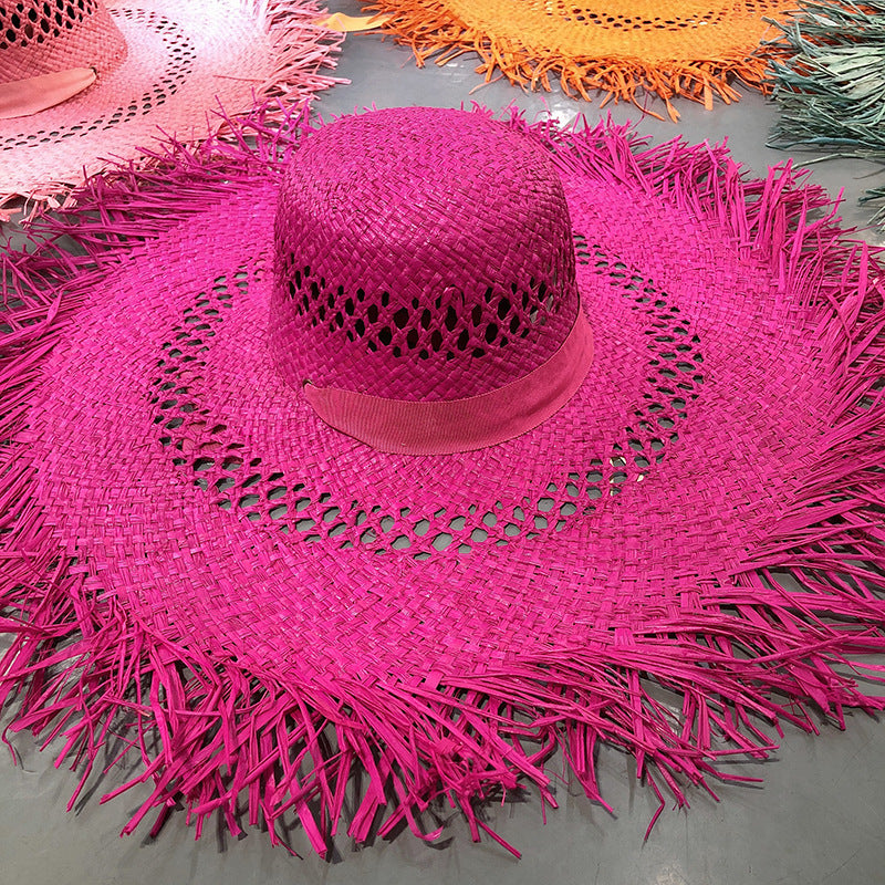Women Fashion Tassel Big Brim Raffia Colorful Sunshade Hat