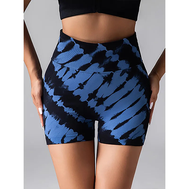 Women Tie-dye Side Bow Hollow High Waist Hip Butt Lifting Sports Yoga Gym Scrunch Cycling Biker Shorts Pants