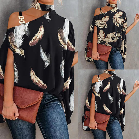 Women's Print Slant Collar Loose Tops Party Shirt