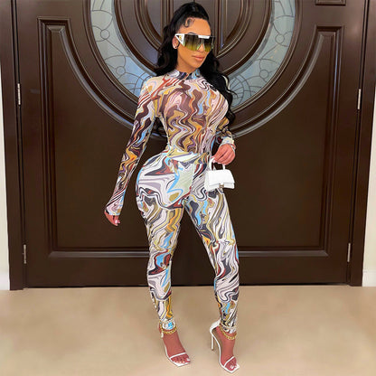 Sexy Mesh Printed Long-Sleeved Skinny Nightclub Party Jumpsuit