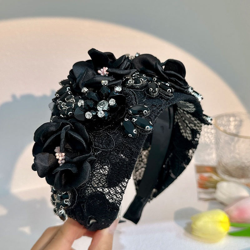 Women Handmade Fabric Fower Fashion Inlaid Water Drill Bit Headband