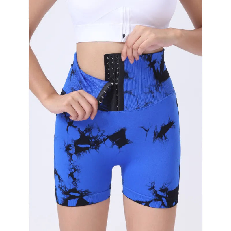 Women Tie Dye Button Sports Shorts High Waist Butt Lift Yoga Fitness Running Fitness Pants