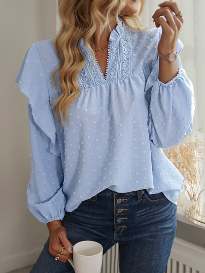 Women Ruffled Lantern Sleeve Lace Panel Shirt Tops Shirt