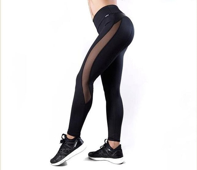 Sexy Mesh Leather Patchwork Black Women High Waist Fitness Push Up Legging Pants