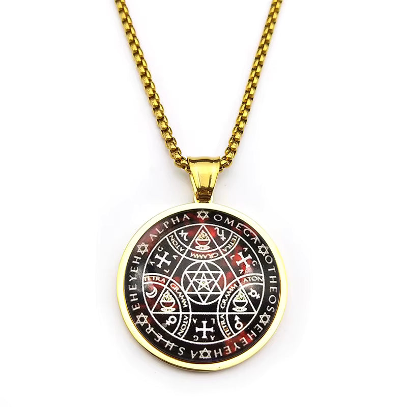 Women Men Stainless Steel Gold Color Archangel Kabbalah Talisman Key of Solomon Sigil Glass Round Medal Necklace