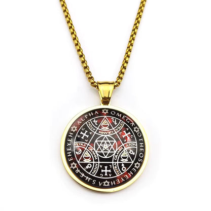 Women Men Stainless Steel Gold Color Archangel Kabbalah Talisman Key of Solomon Sigil Glass Round Medal Necklace