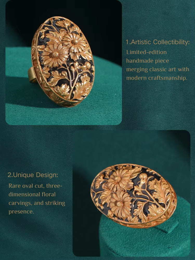 18K Gold-Plated Women Hand-Carved Floral Enamel Vintage Art Deco Ring