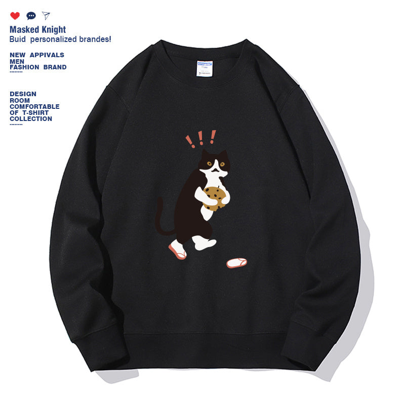 Women Fashionable Solid Color Cat Printed Long Sleeved Sweatshirt Pullover
