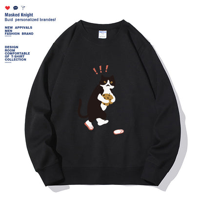 Women Fashionable Solid Color Cat Printed Long Sleeved Sweatshirt Pullover