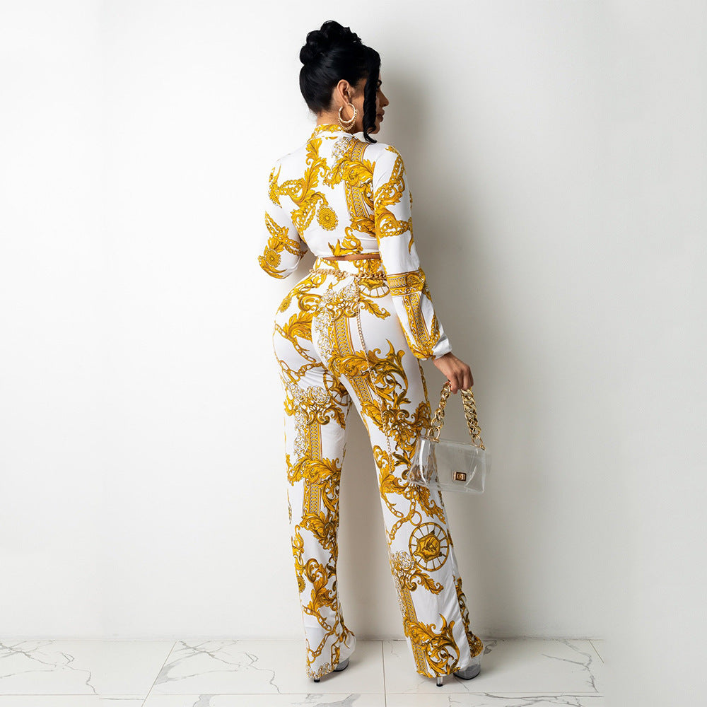 Sexy Milk Silk Printing Two-Piece Nightclub Tops + Pant Trouser Suit