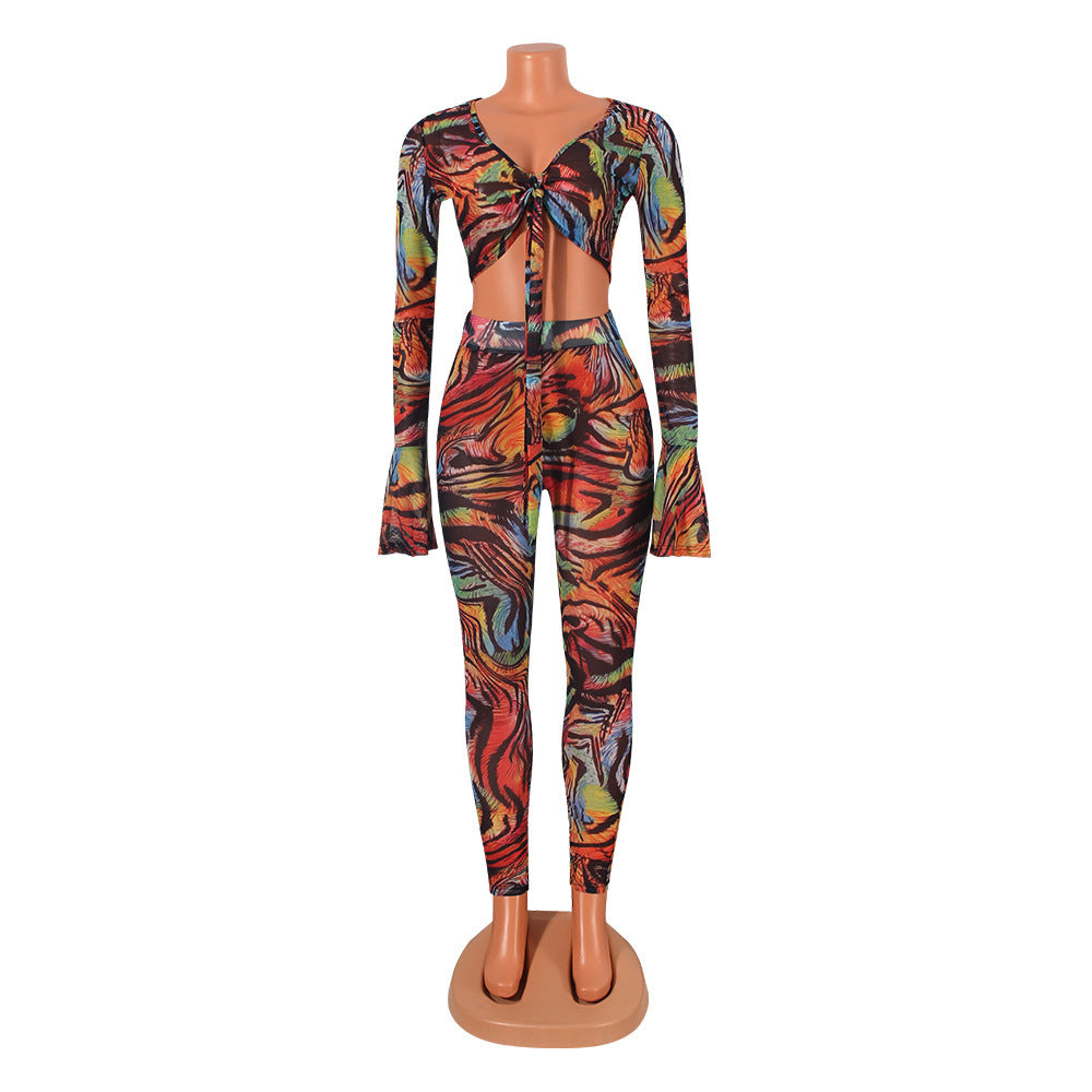 Two Pieces Sexy Fashion Net Gauze Print Slim Sleeve Night Party Tops Pant Trouser