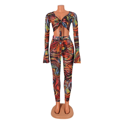 Two Pieces Sexy Fashion Net Gauze Print Slim Sleeve Night Party Tops Pant Trouser