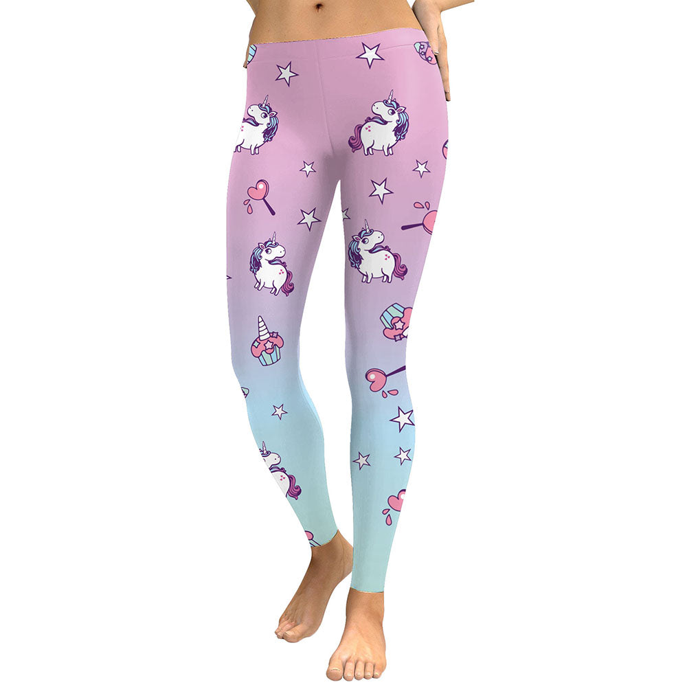 Women Unicorn Star Ice Cream Digital Print Workout Leggings Slim Pants