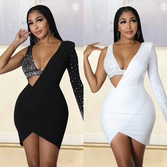 Women's Skinny Hot Diamond One Shoulder Night Club Party Dress