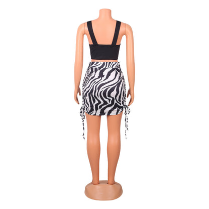 Sexy Color Matching Strappy Vest Print Ladies Two-Piece Tops + Bottom Suit