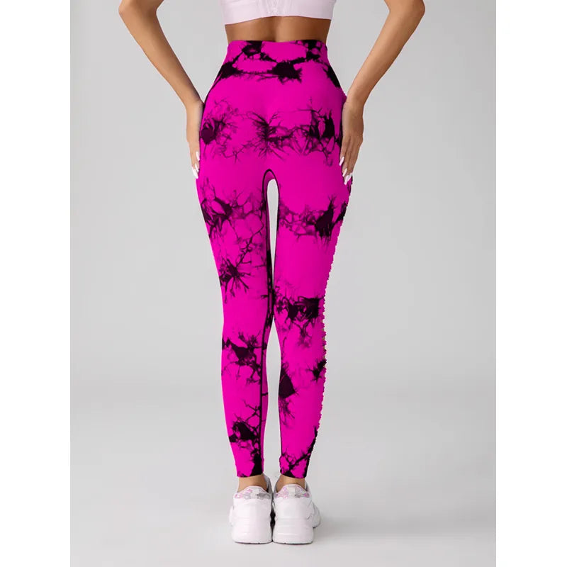 Women Cut Outside Hollow Tie-Dyed High Waist Hip Butt Tights Scrunch Fitness Seamless Sports Gym Yoga Pants