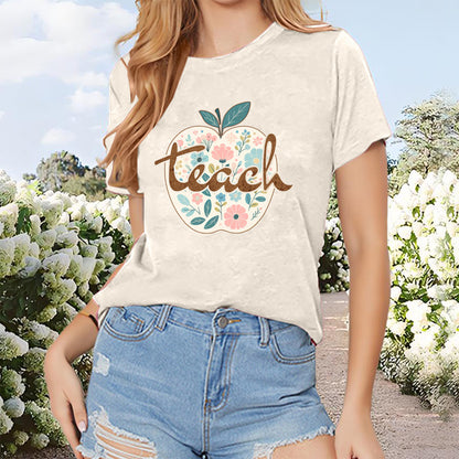 Women's 'Apple Teach' Print Round Neck T-Shirt Short Sleeve Tees Tops